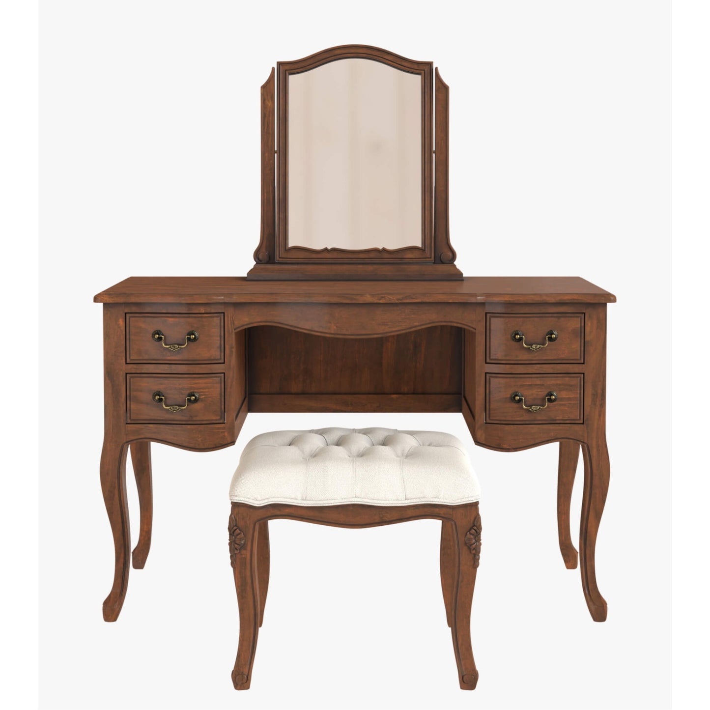 Dressing Table and stool set with vanity mirror on a white background