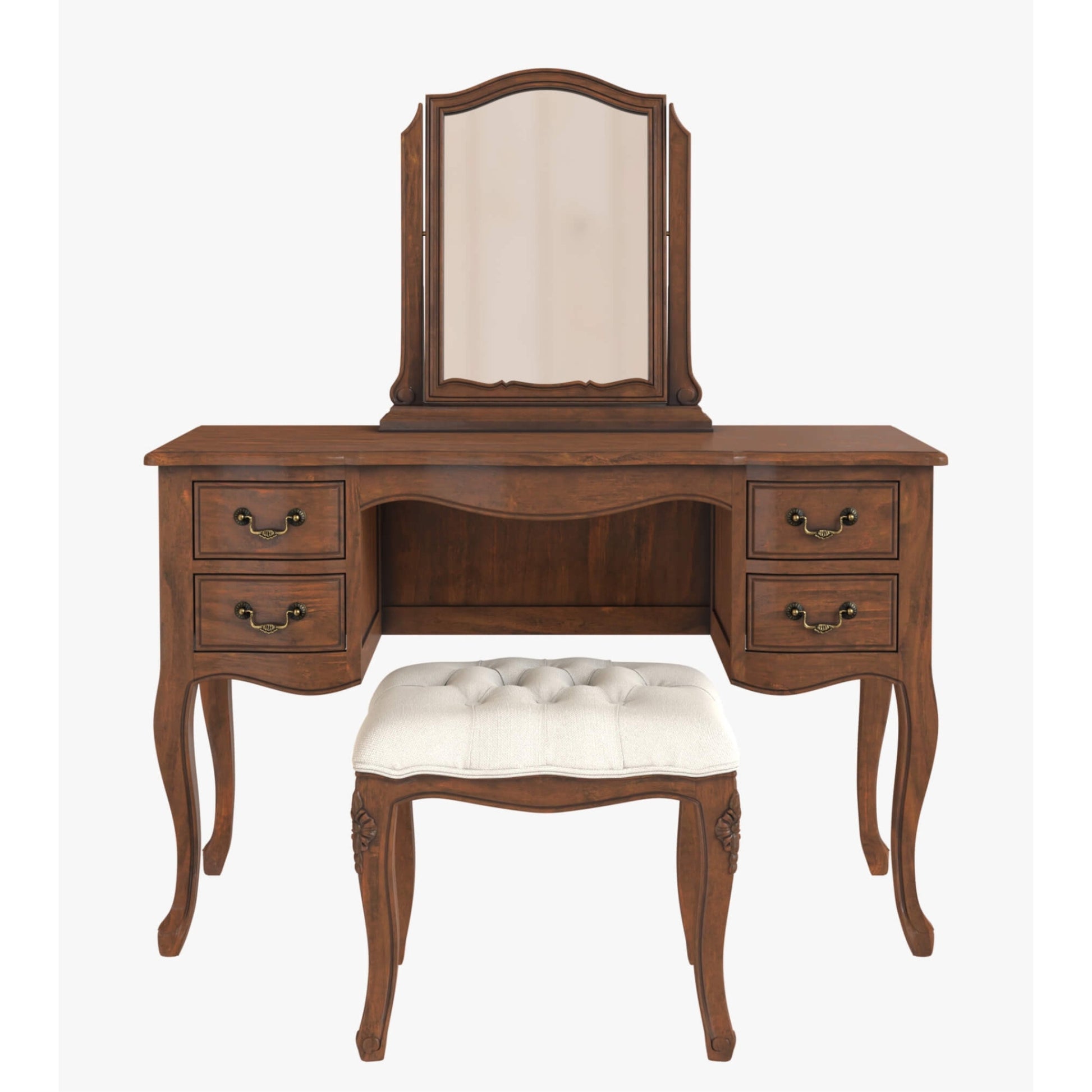 Dressing Table and stool set with vanity mirror on a white background