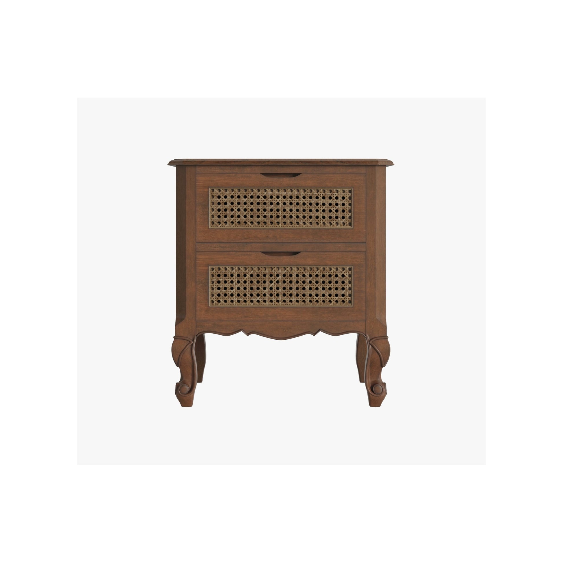 Walnut 2 drawer bedside chest on a white background