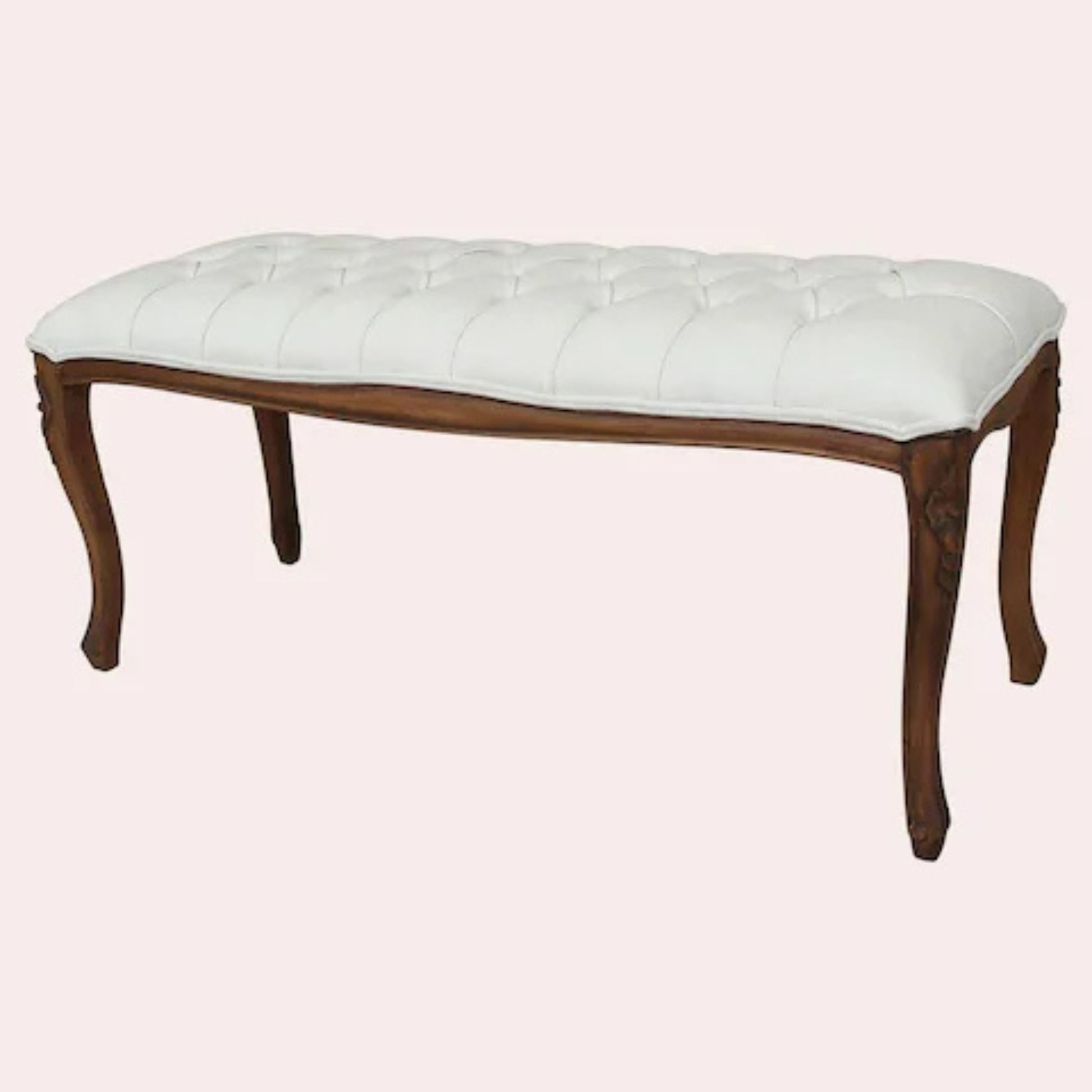 Upholstered bench showcasing a solid wood frame in an aged walnut finish and a beige upholstered top.