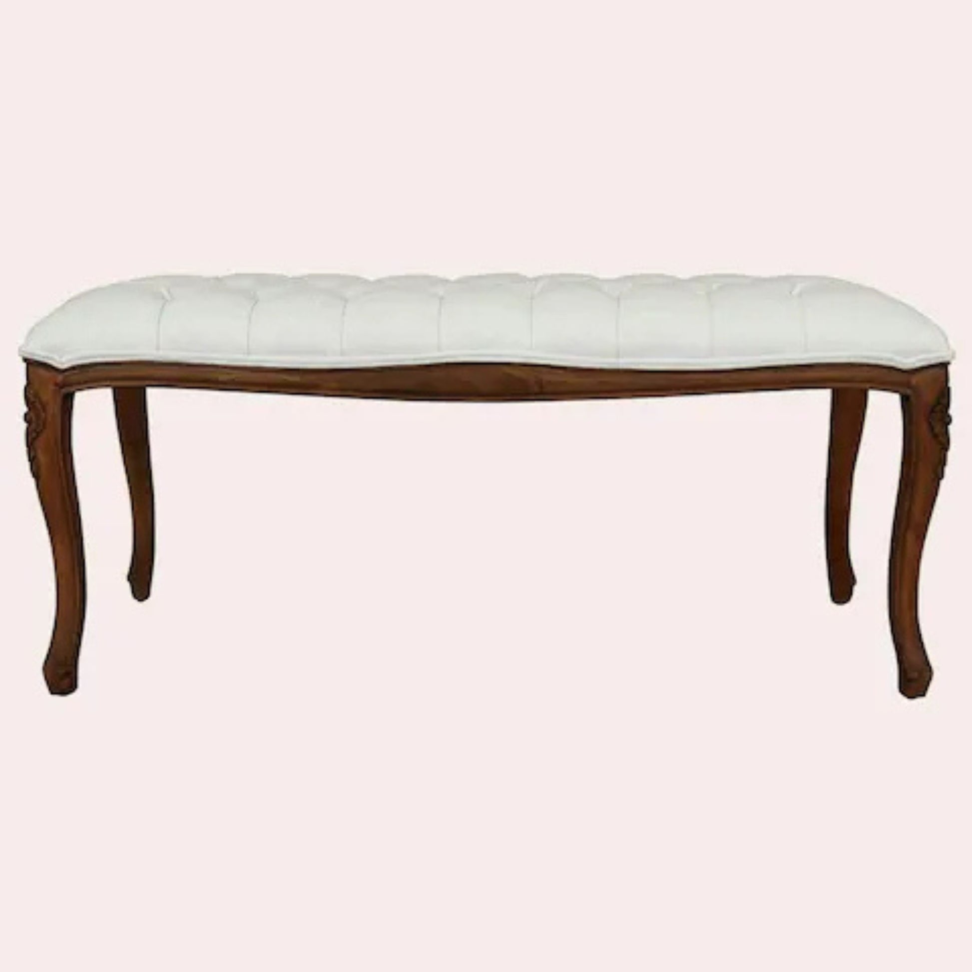 Upholstered bench showcasing a solid wood frame in an aged walnut finish and a beige upholstered top.