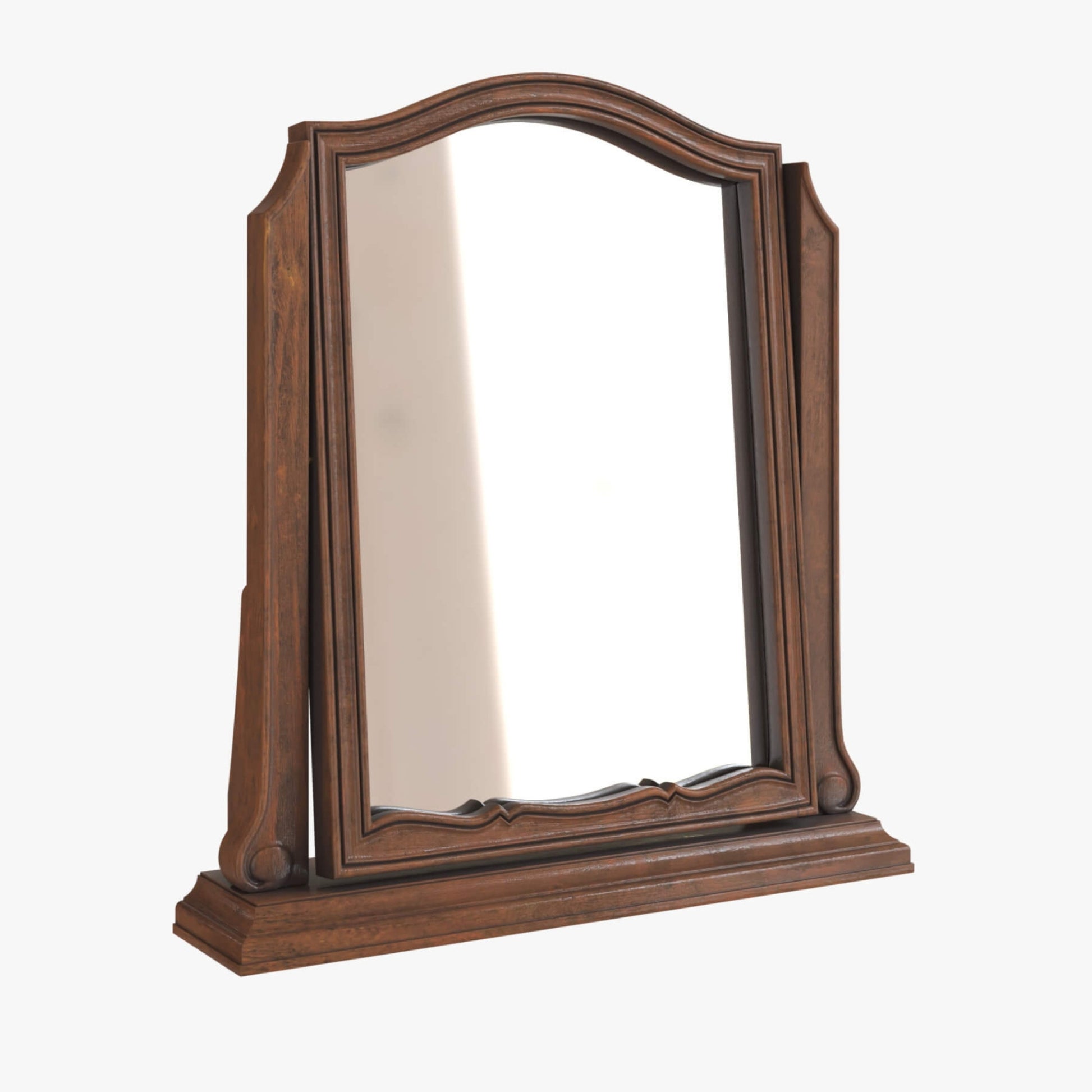 Walnut table top vanity mirror on a white background