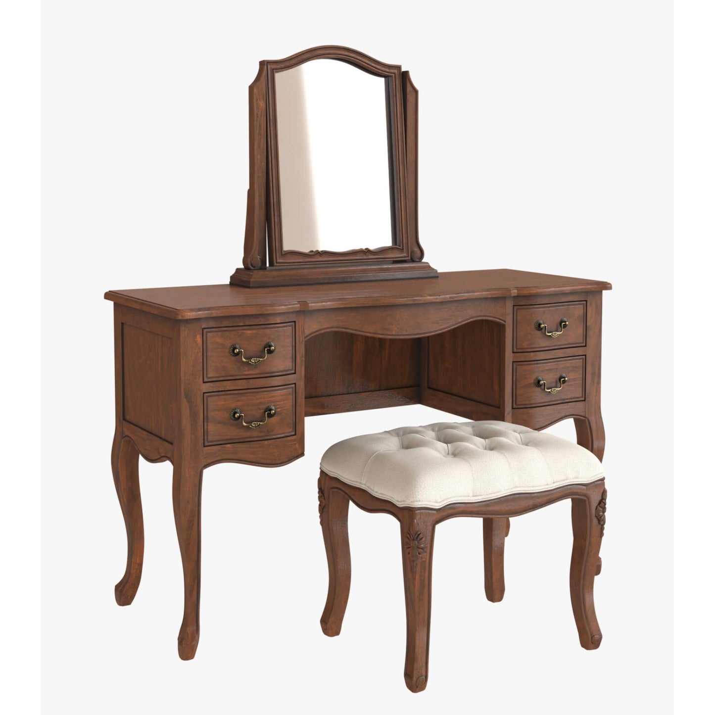 Walnut dressing table, vanity mirror and stool on a white background