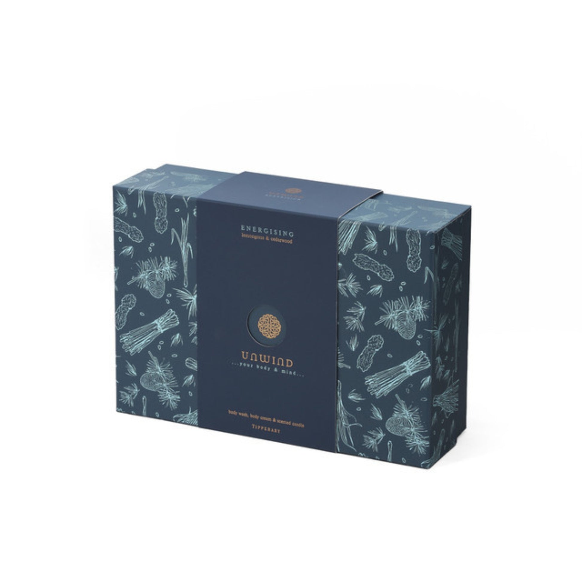 Blue packaging box with botanical designs on a white background