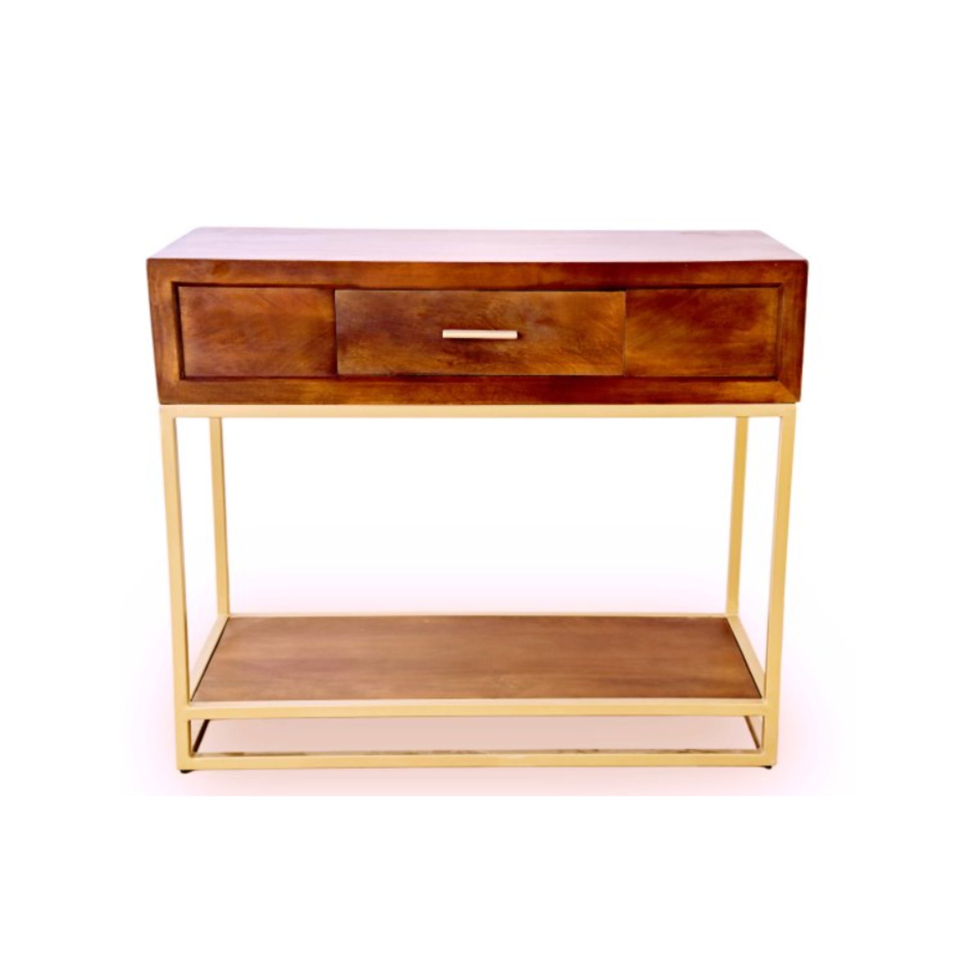 Wooden console table with a drawer and gold frame on a white background
