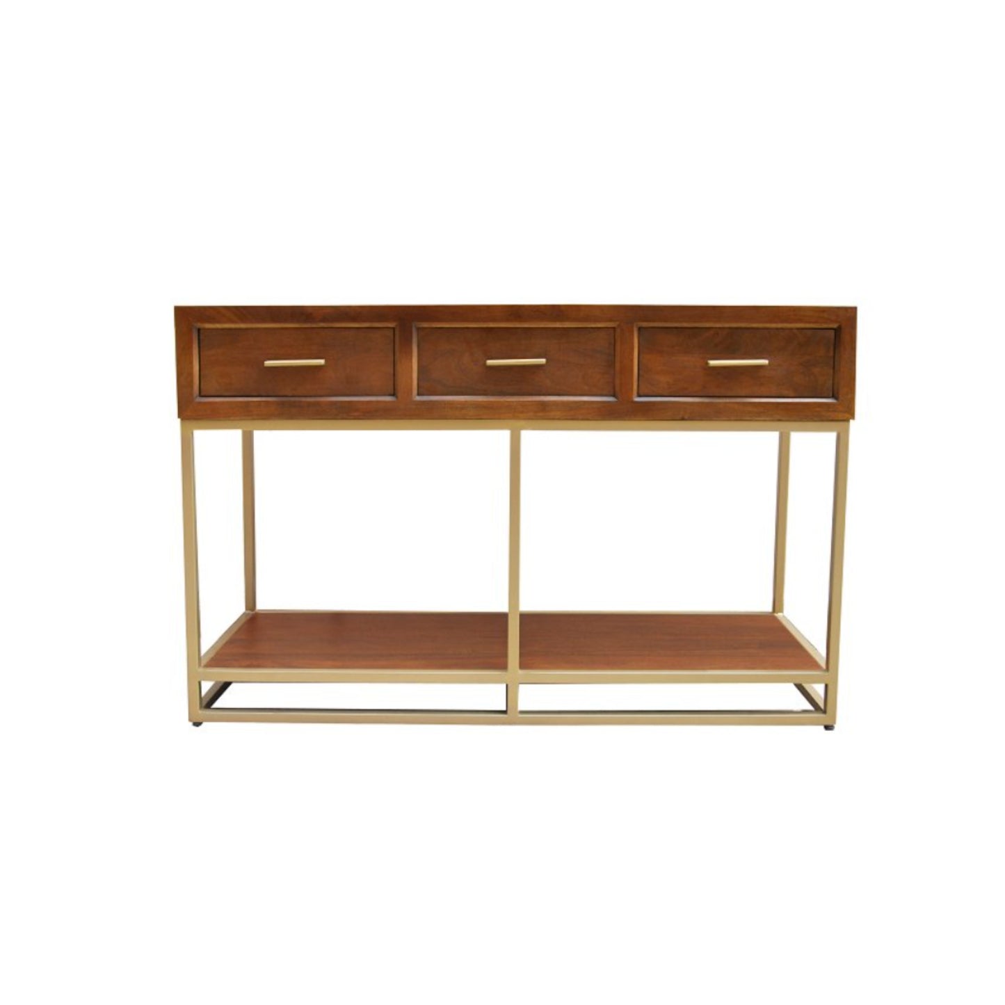 3 drawer wood console with brass metal legs 