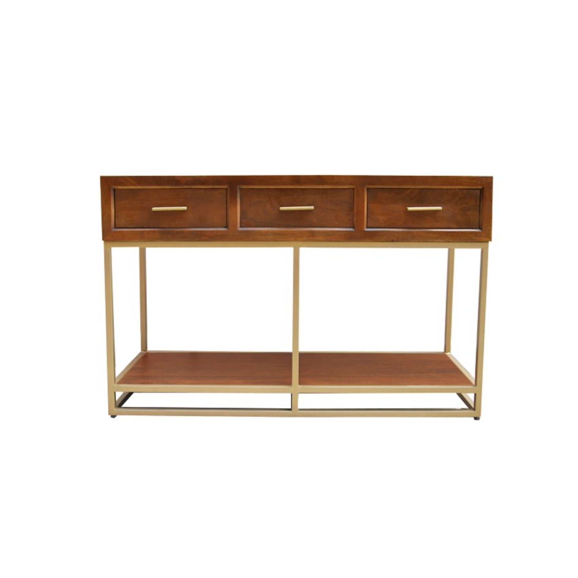 3 drawer wood console with brass metal legs 