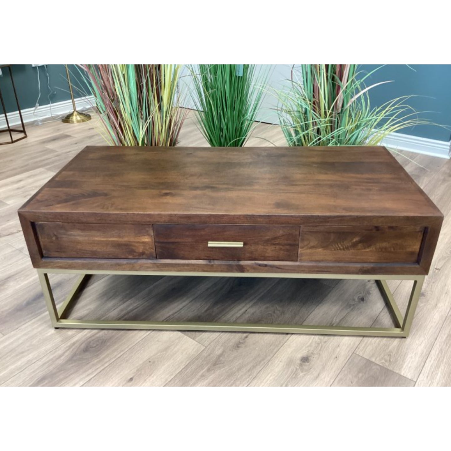 Wooden coffee table with brass accents on a wooden floor with plants in the background