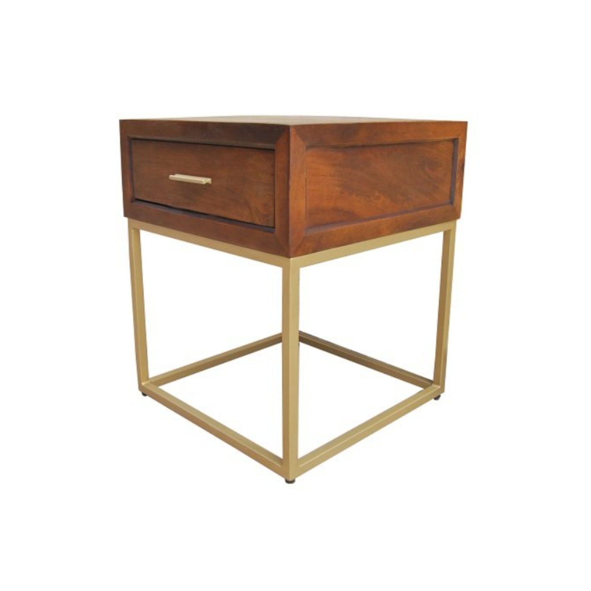 Wooden side table with a drawer and gold metal legs on a white background