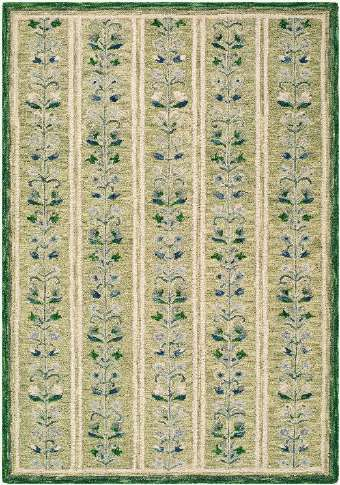 A square area rug with a vertical striped pattern featuring green and blue floral motifs on a beige background, finished with a solid dark green border.