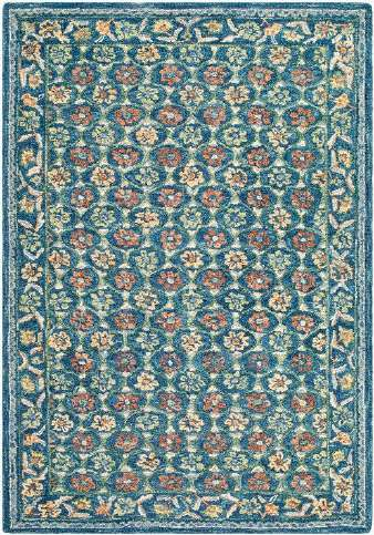 A square area rug with an intricate traditional floral pattern in shades of teal blue, beige, rust red, and cream.