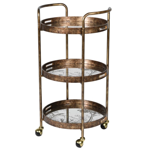 Three-tiered brass bar cart with glass shelves on a white background
