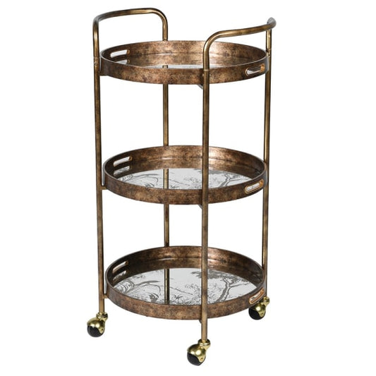 Three-tiered brass bar cart with glass shelves on a white background