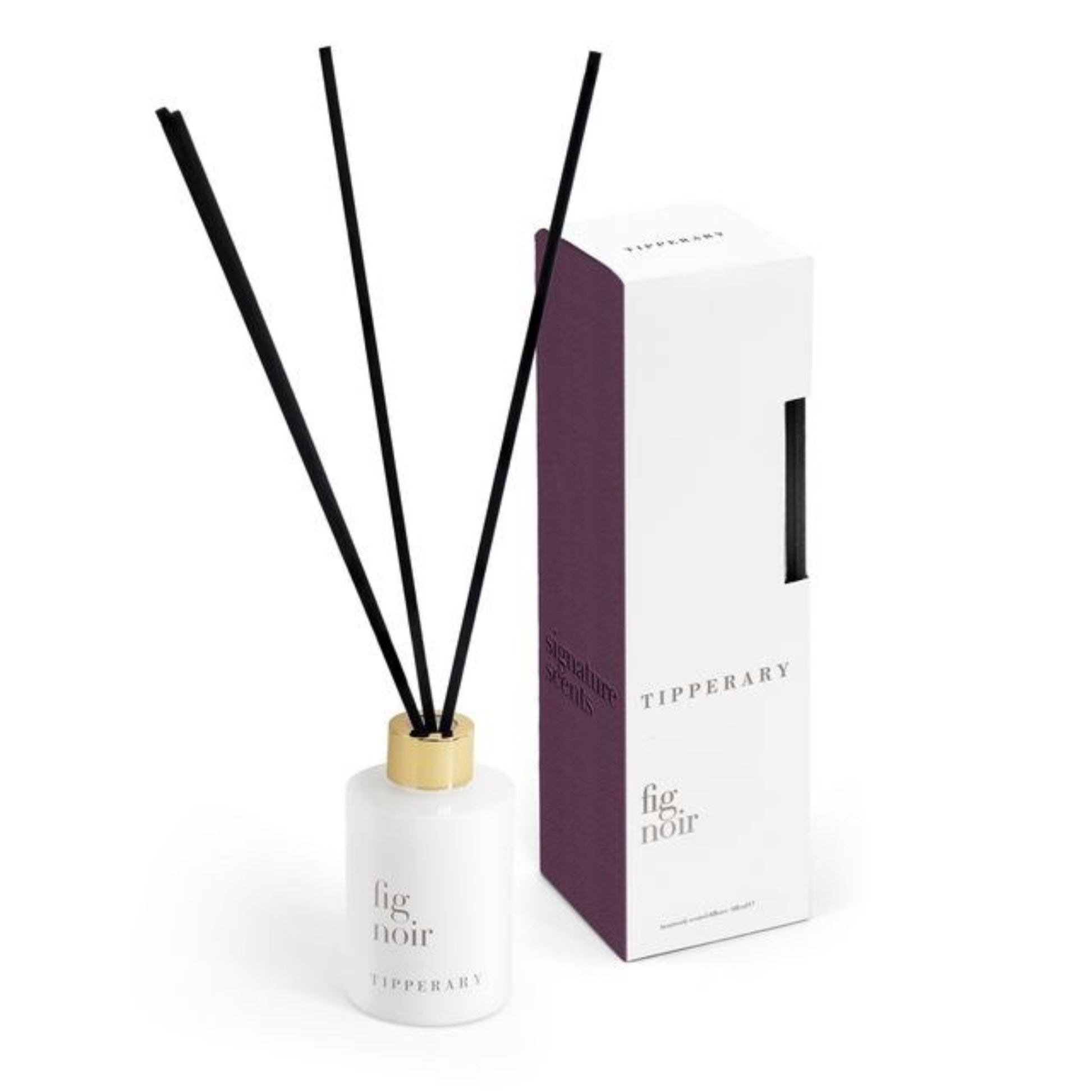 Diffuser bottle with black sticks and gold cap next to a white box labeled 'Tipperary Fig Noir' on a white background