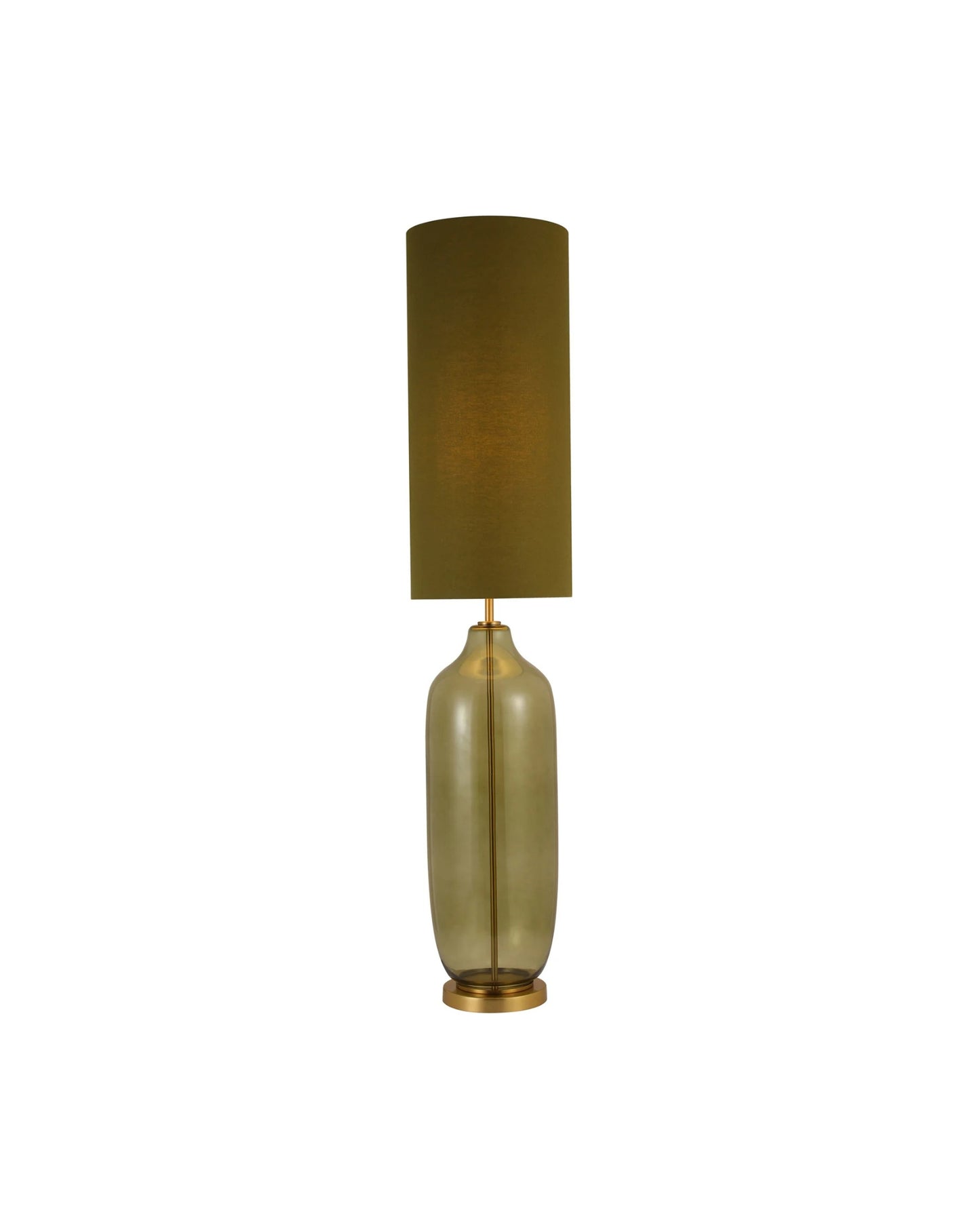 Floor lamp with a cylindrical glass base and a dark green fabric shade on a white background
