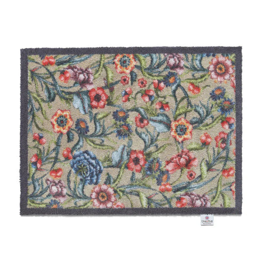 Multi colour floral hug rug mat with grey blue border 