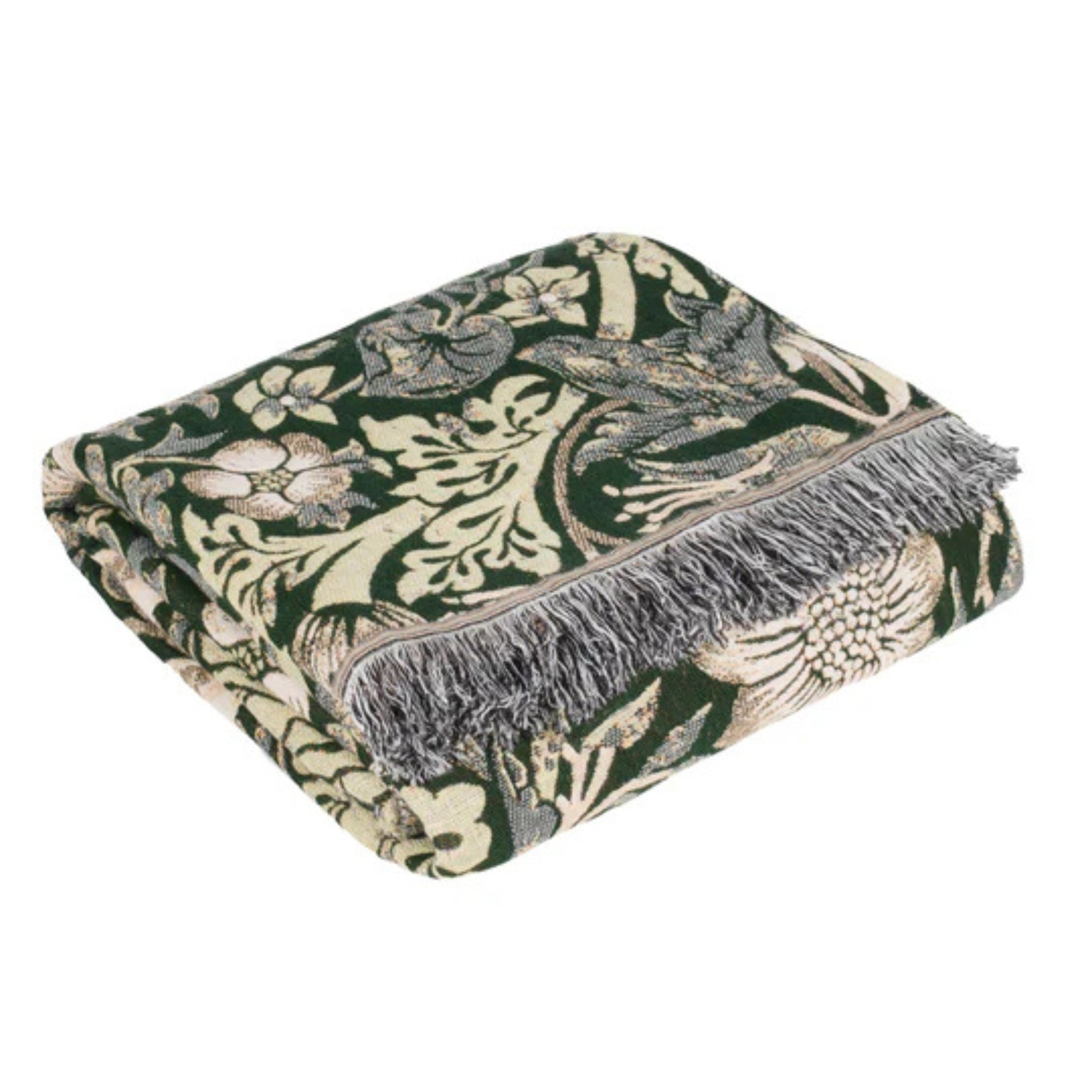 Floral patterned throw blanket with fringes on a white background