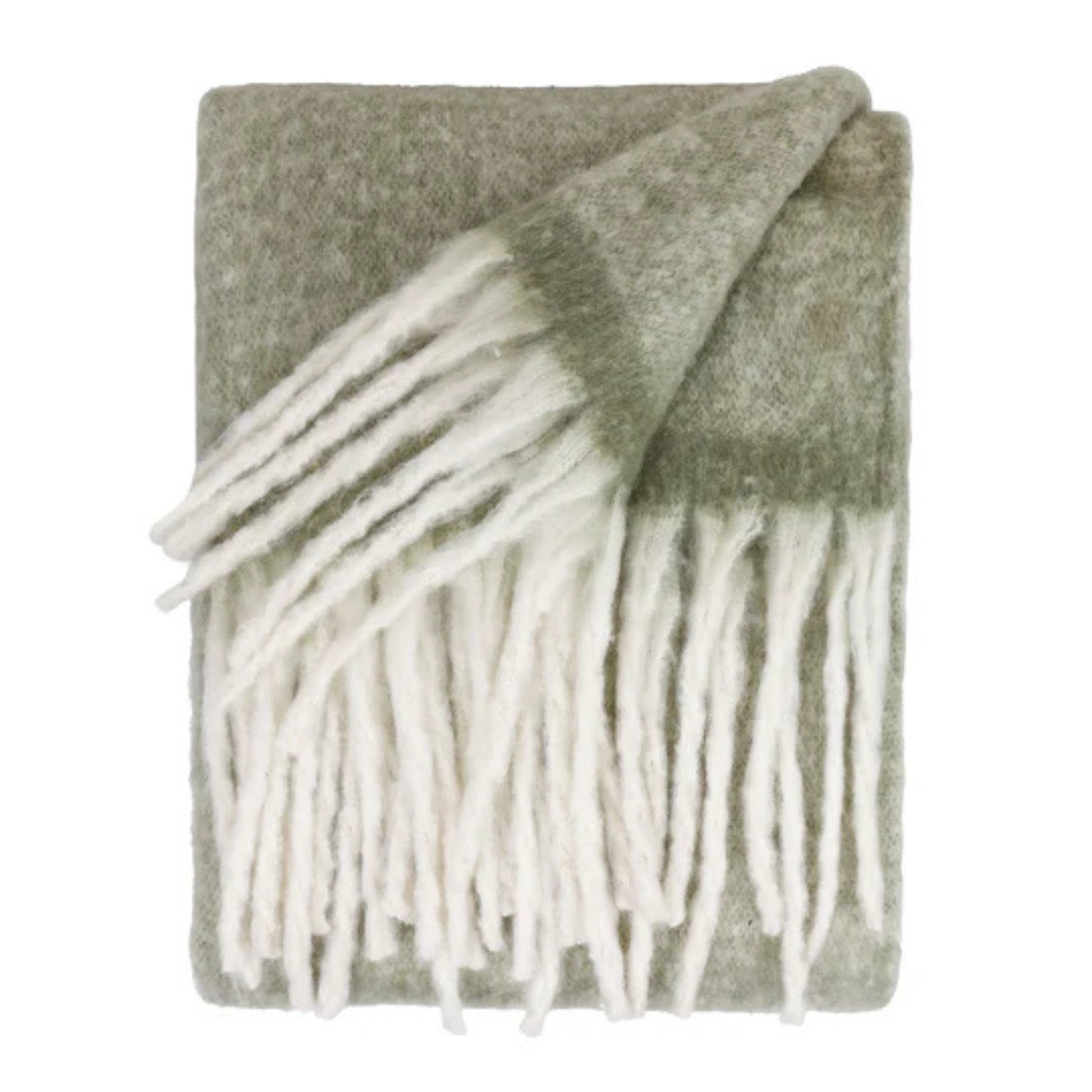 Green and white blanket with fringe on a white background