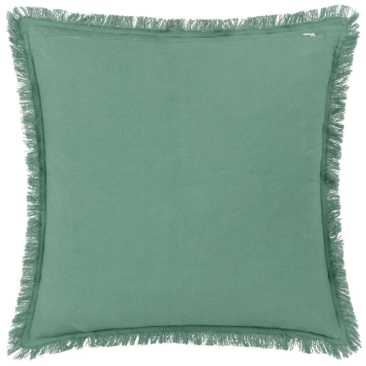 A teal green velvet cushion with fringed edges.