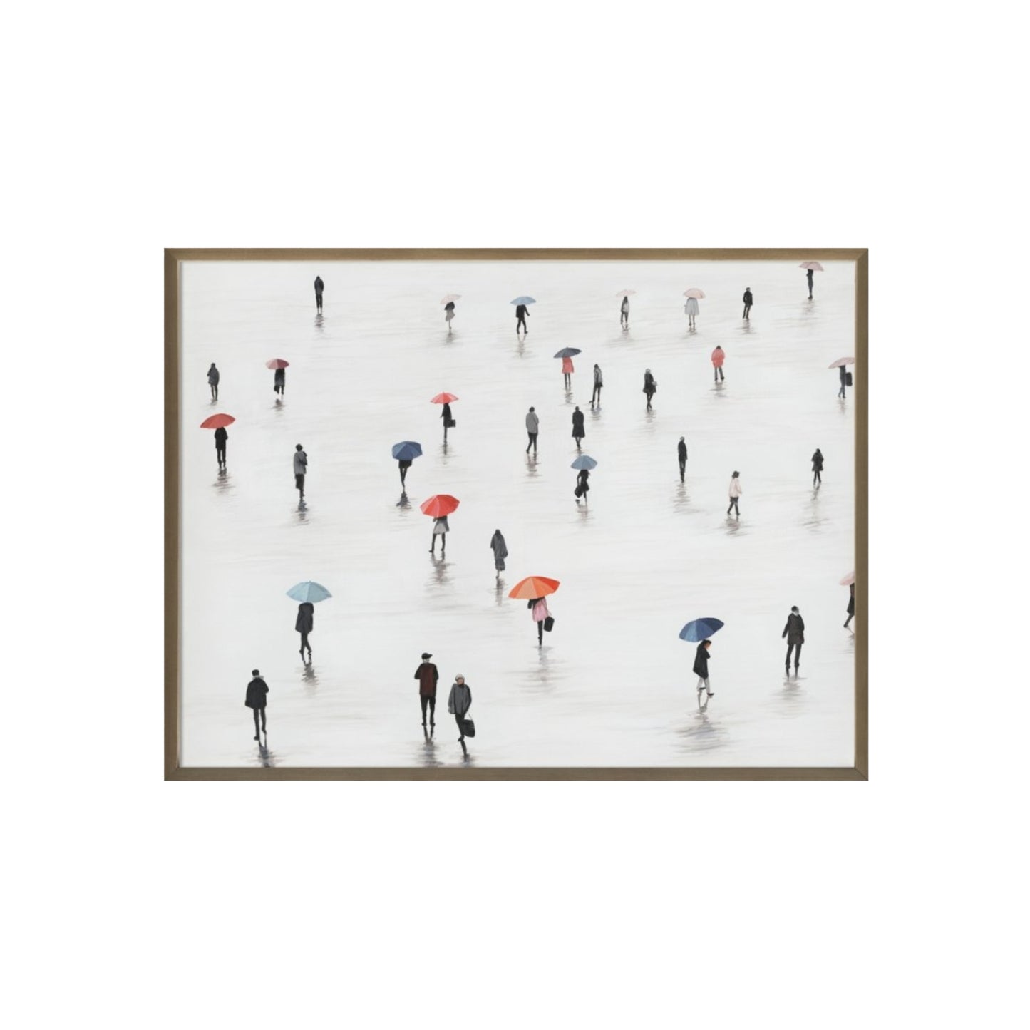 Framed artwork of people with umbrellas on a white background
