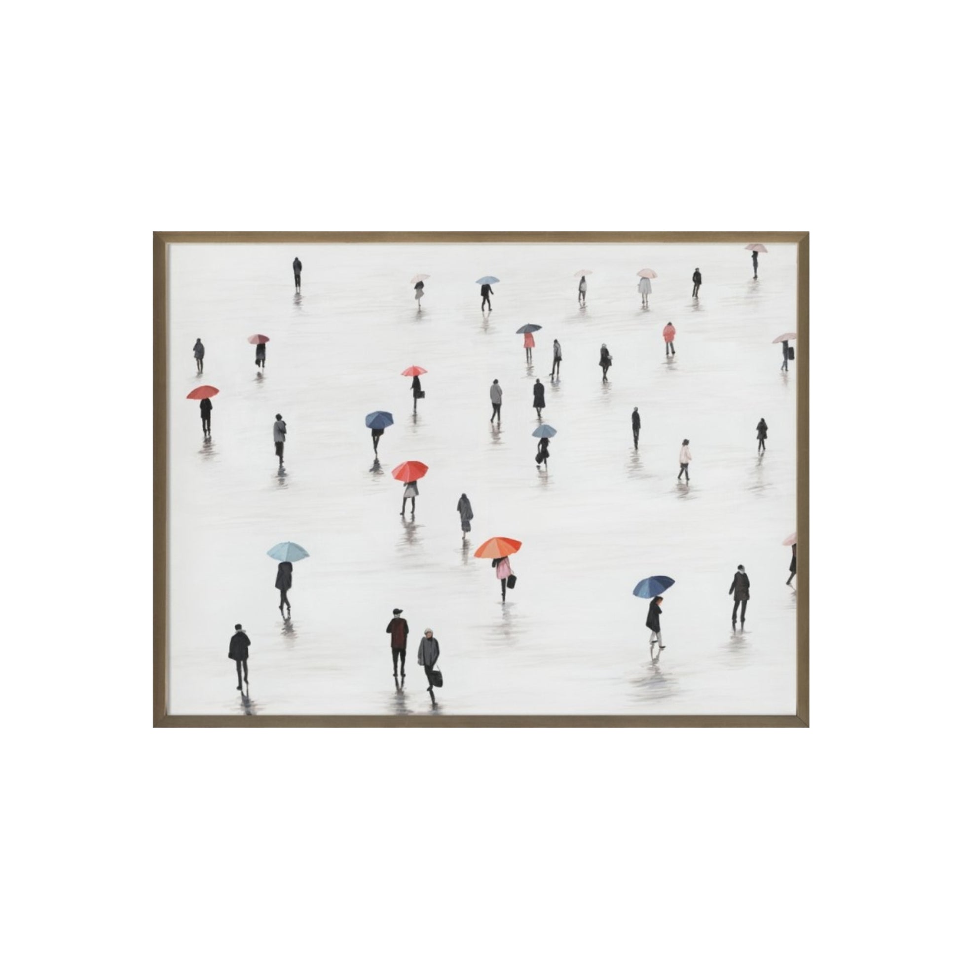 Framed artwork of people with umbrellas on a white background
