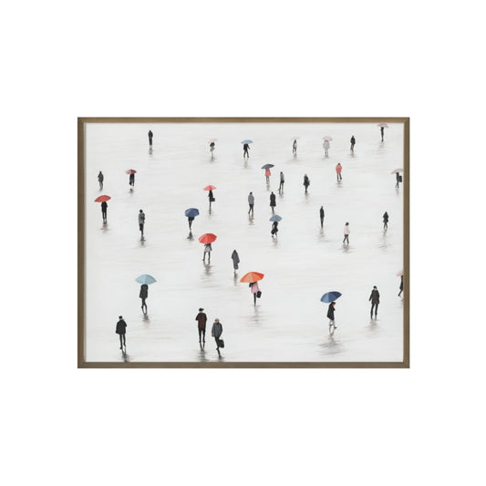 Framed artwork of people with umbrellas on a white background
