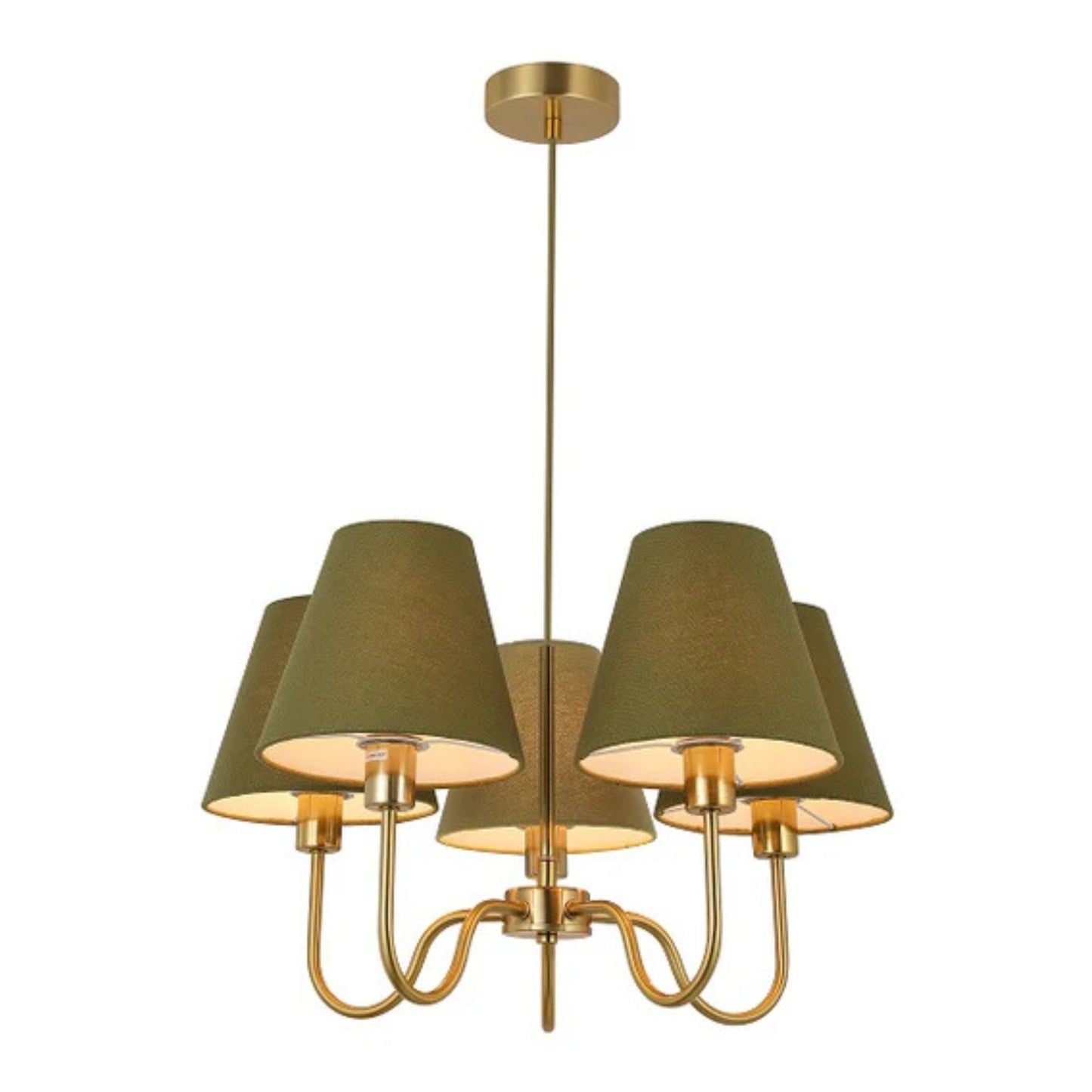 Chandelier with green lampshades and gold metalwork on a white background