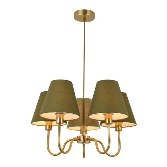 Chandelier with green lampshades and gold metalwork on a white background