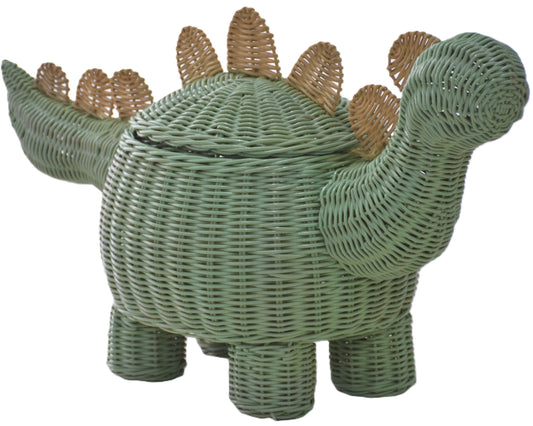 A green woven wicker basket shaped like a stegosaurus, with tan woven wicker spikes along the back, shown on a plain white background.