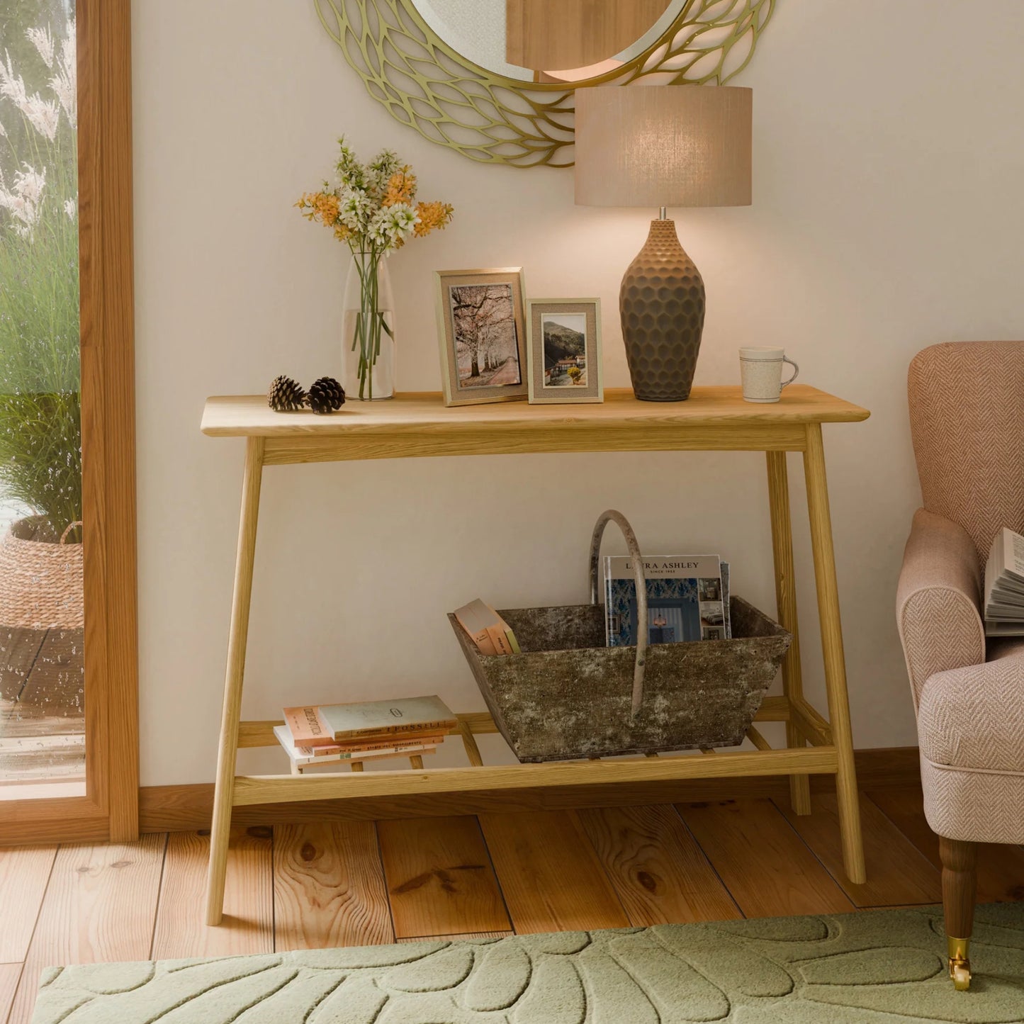 Wooden console table with decorative items in a living room setting