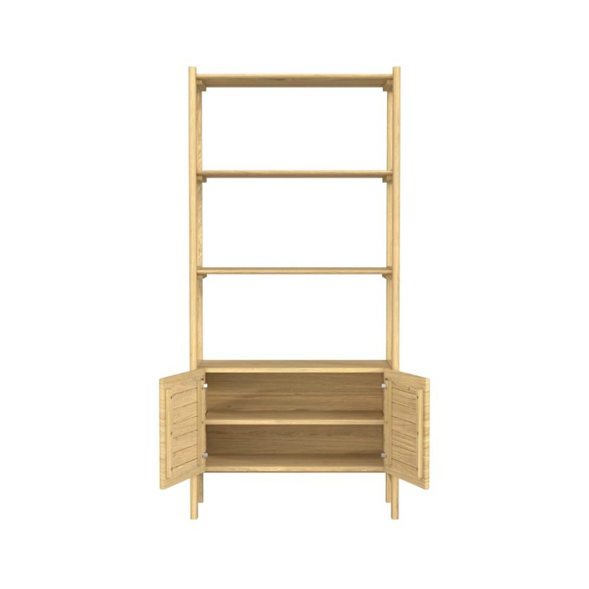 Wooden shelf with three shelves and two doors on a white background