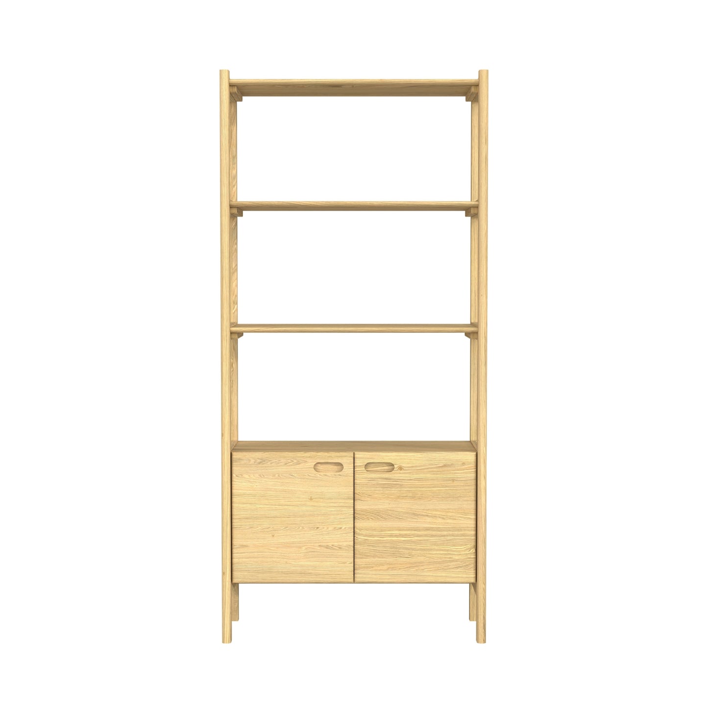 Wooden bookshelf with three shelves and two doors on a white background