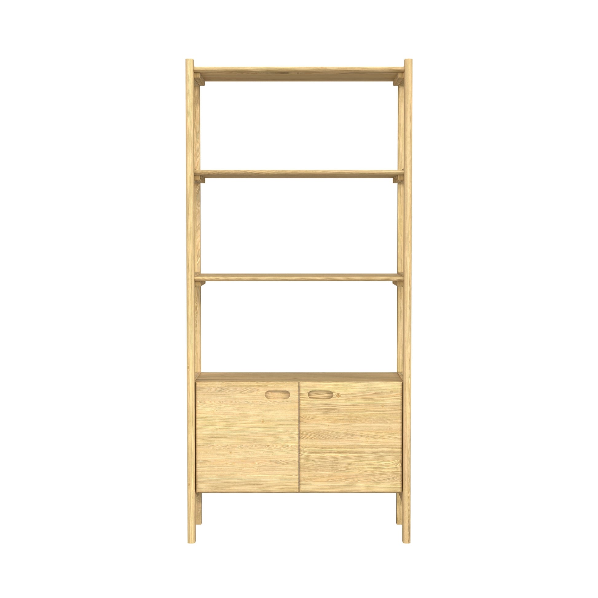 Wooden bookshelf with three shelves and two doors on a white background