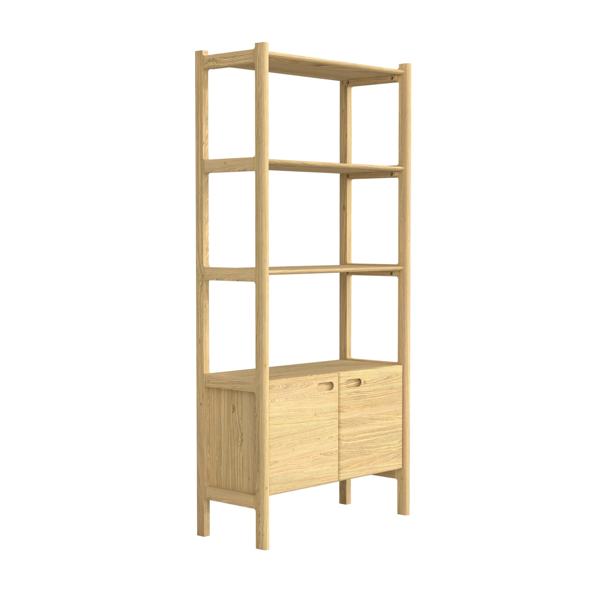 Wooden bookshelf with open shelves and closed doors on a white background