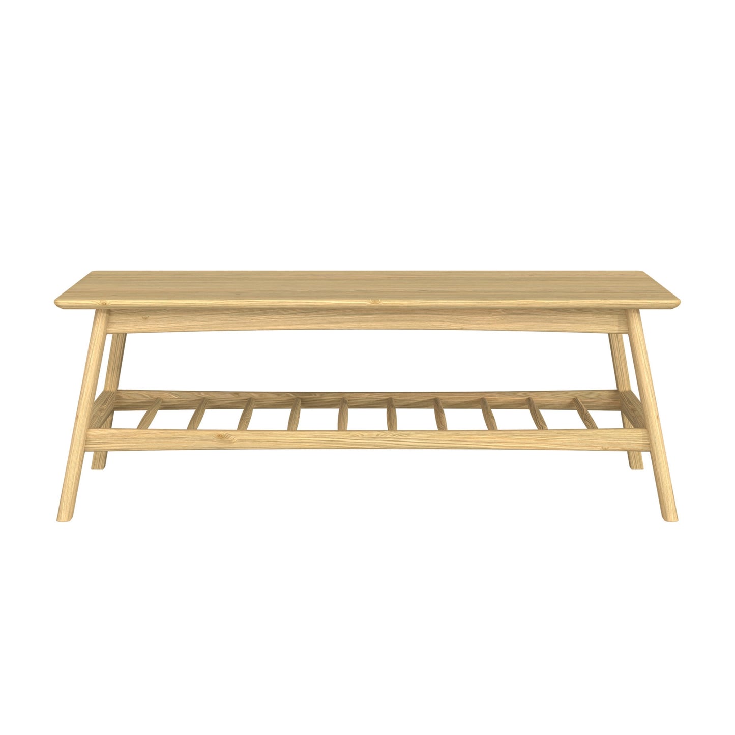 Wooden coffee table with a shelf on a white background