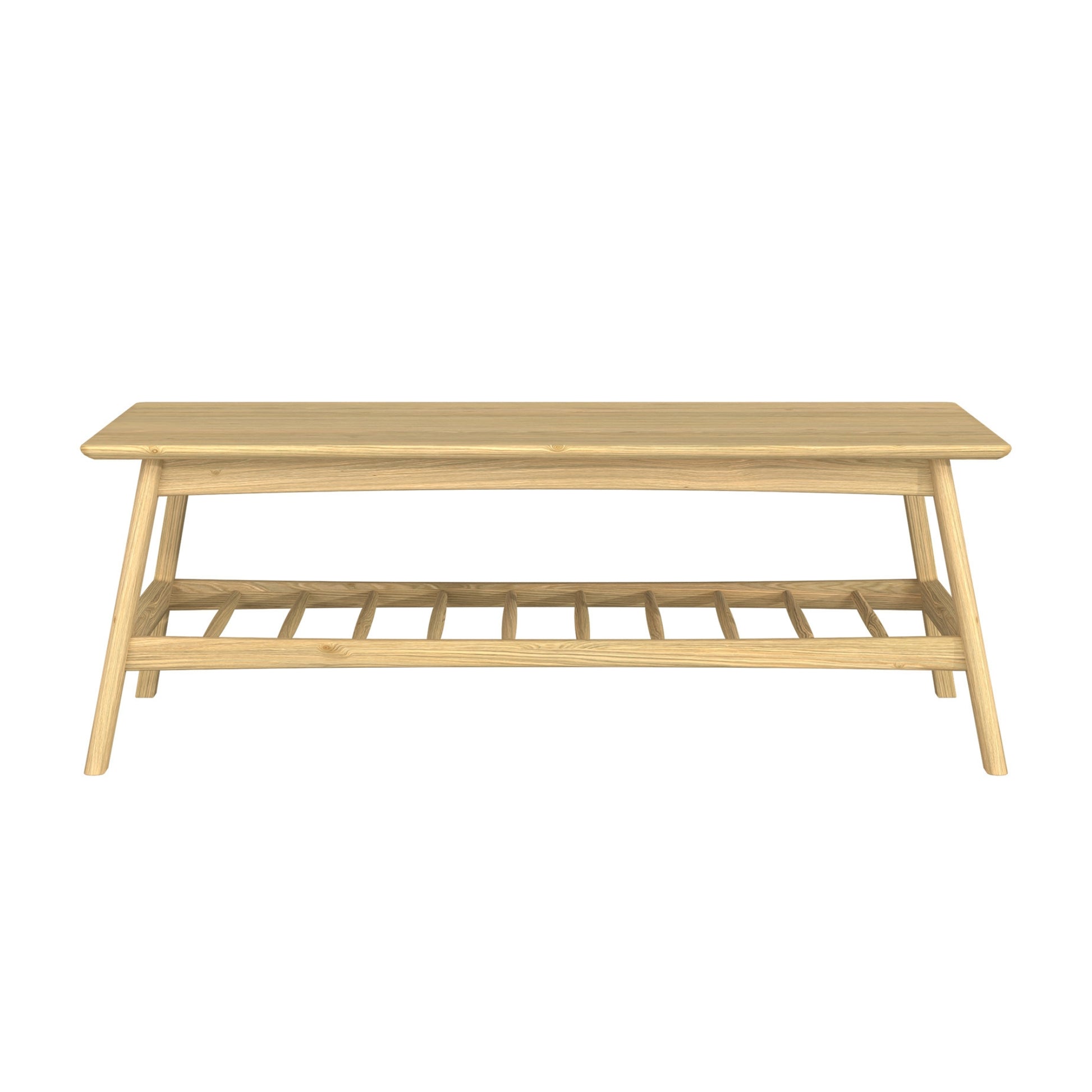 Wooden coffee table with a shelf on a white background