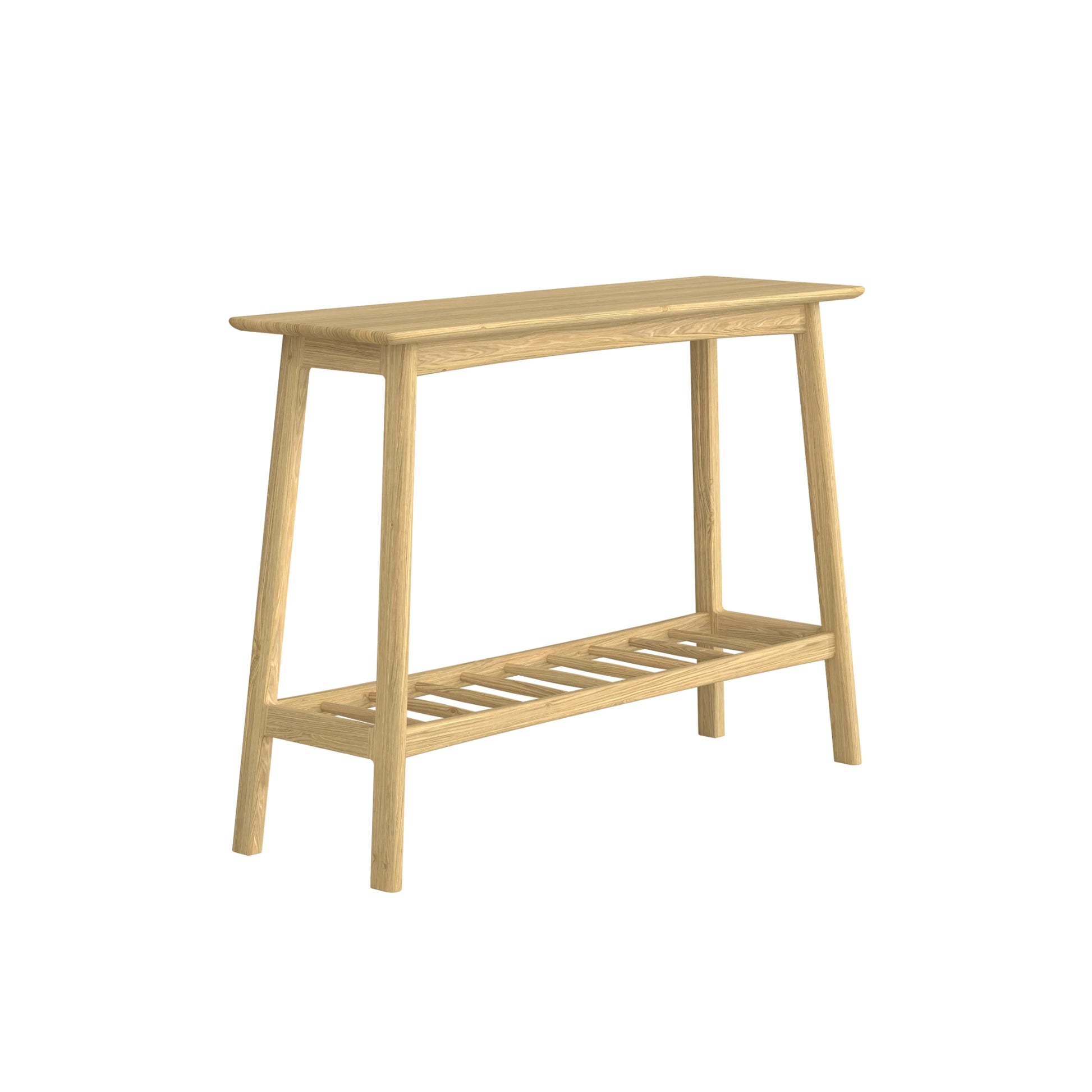 Wooden console table with a shelf on a white background