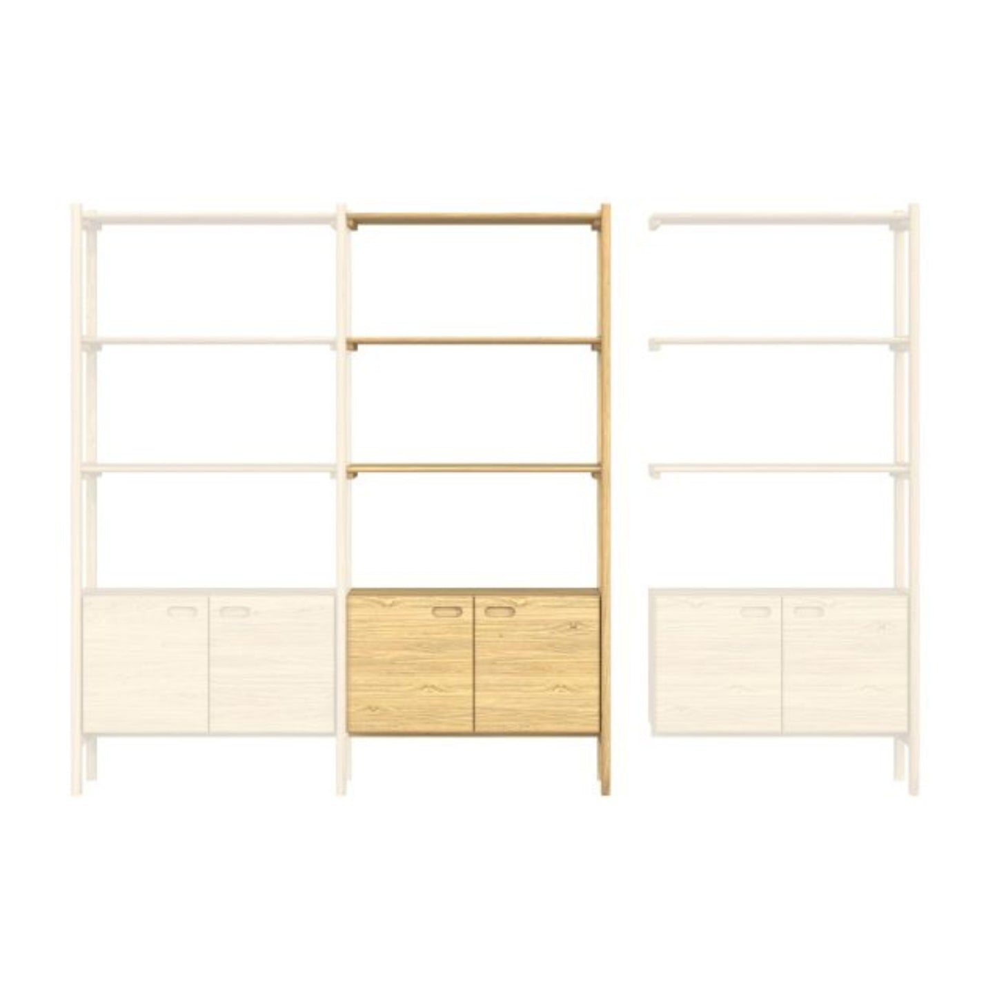 Modular shelving unit with wooden and white components on a white background