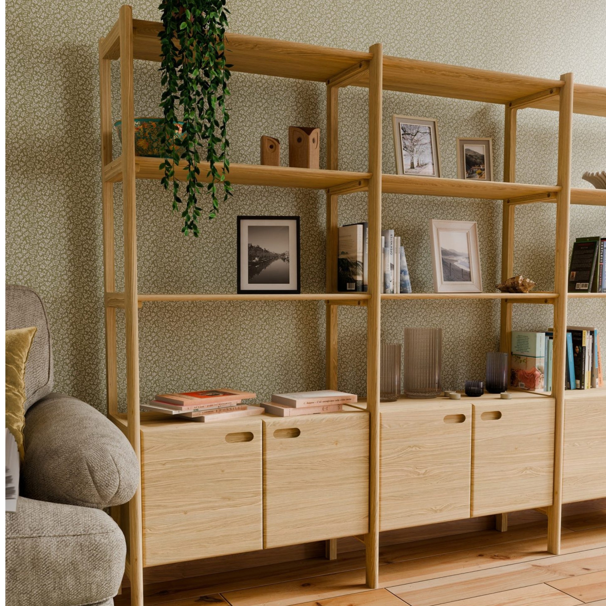 Wooden bookshelf with decorative items in a living room setting