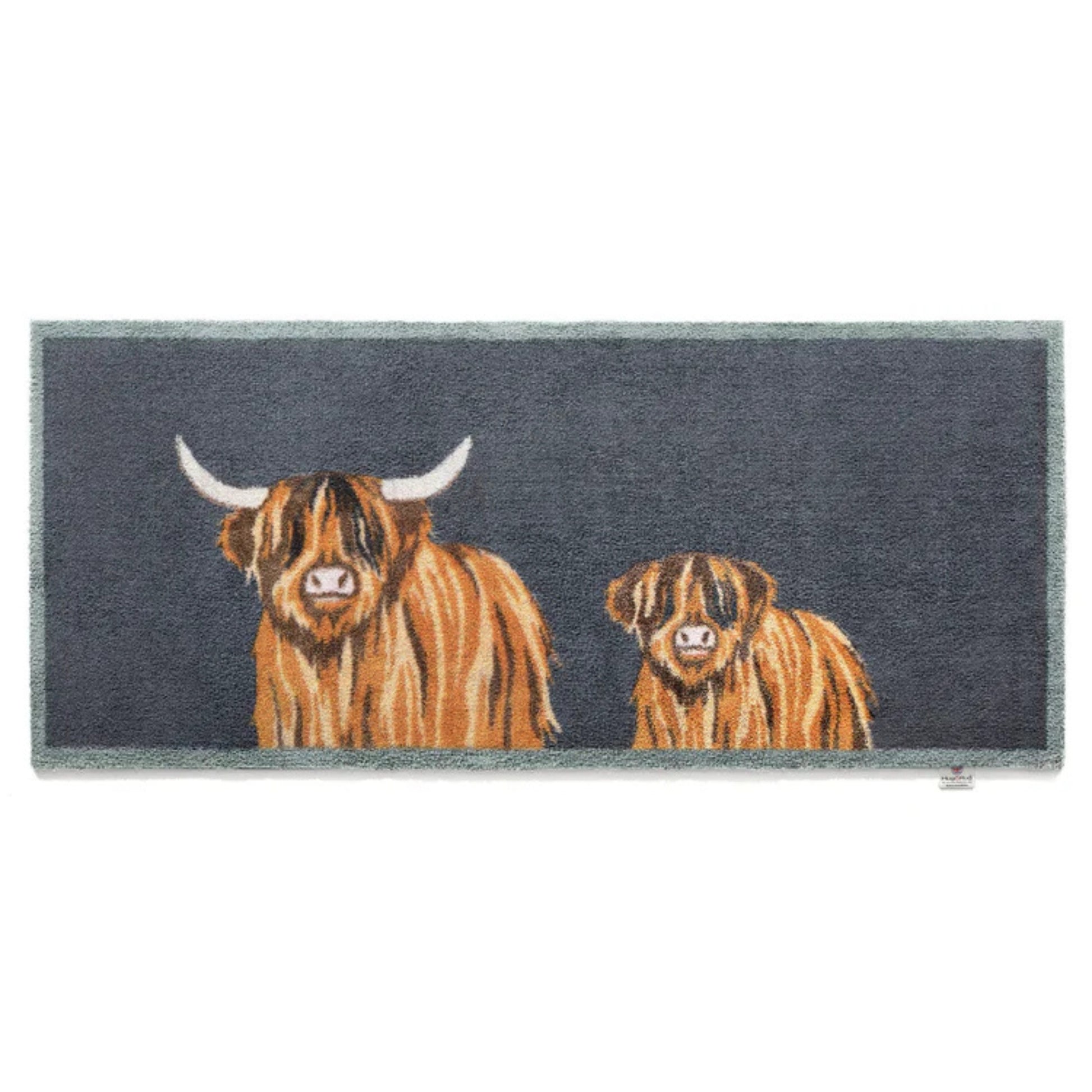 Doormat with a design of a cow and a dog on a gray background
