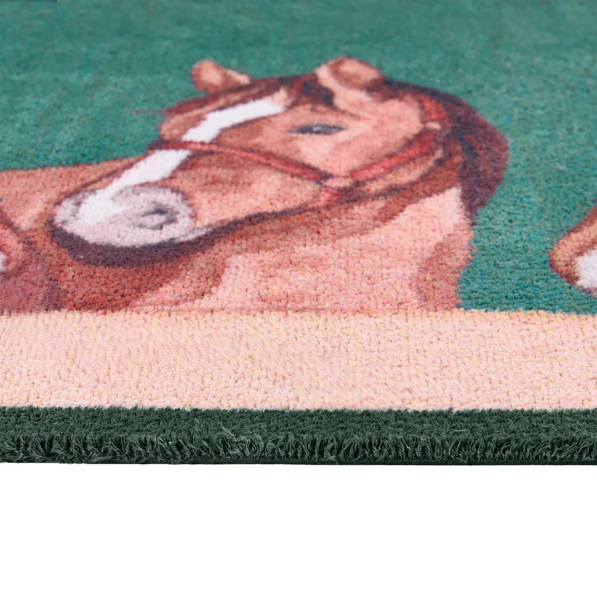 Close-up of a rug with a horse design on a green background
