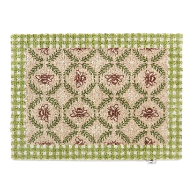 Hug Rug beehive design washable door mat featuring bees and green  check border and natural colours