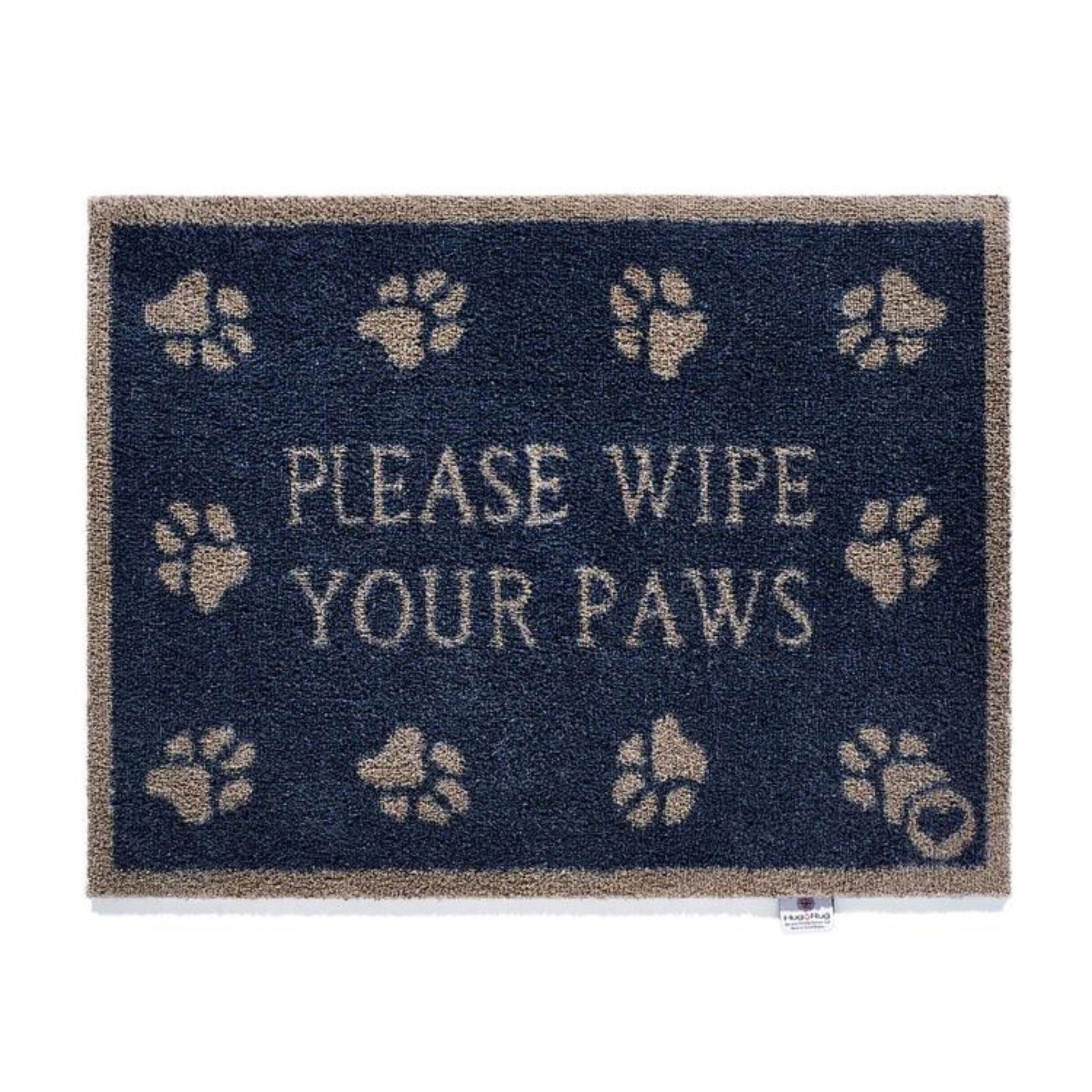 Hug Rug Washable Door Mat with Navy background with paw print design and please write our paws print in beige