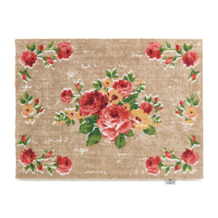 Hug Rug washable door mat with a vintage pink rose floral design on a neutral back ground