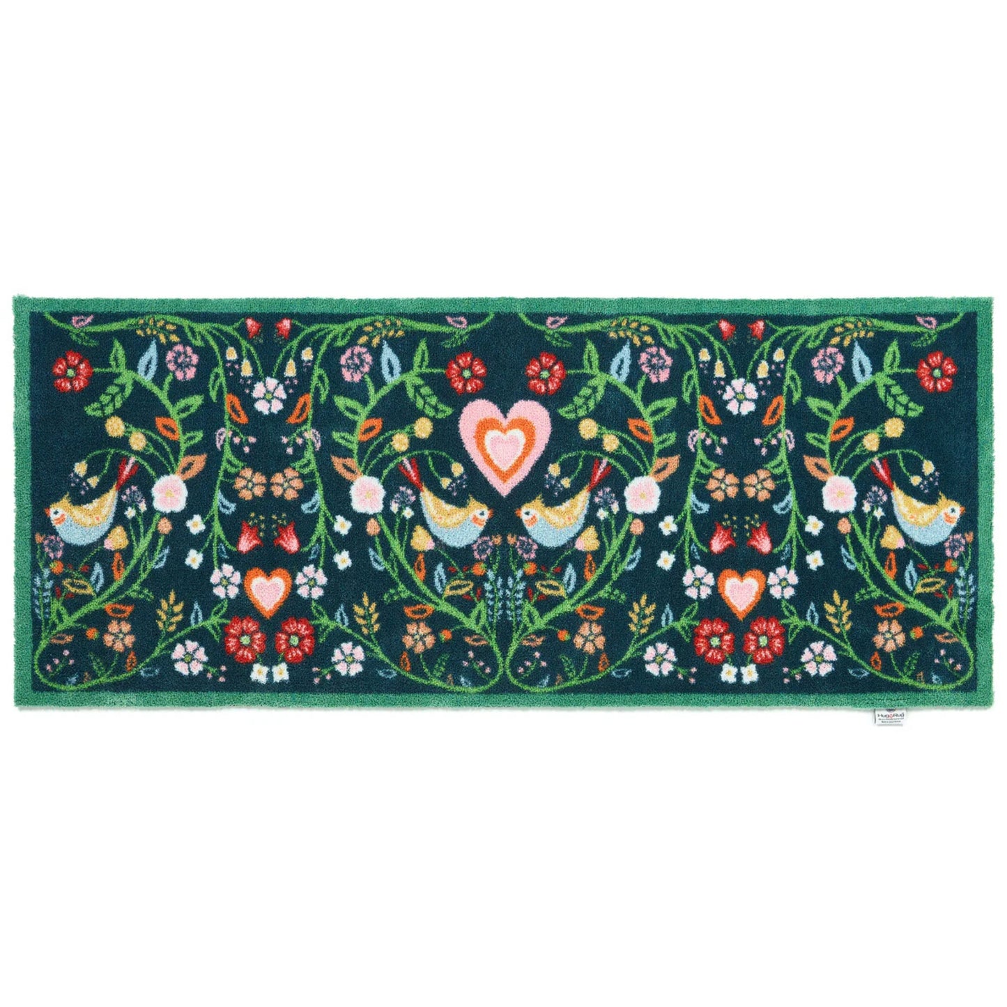 Decorative mat with birds and a heart design on a blue background