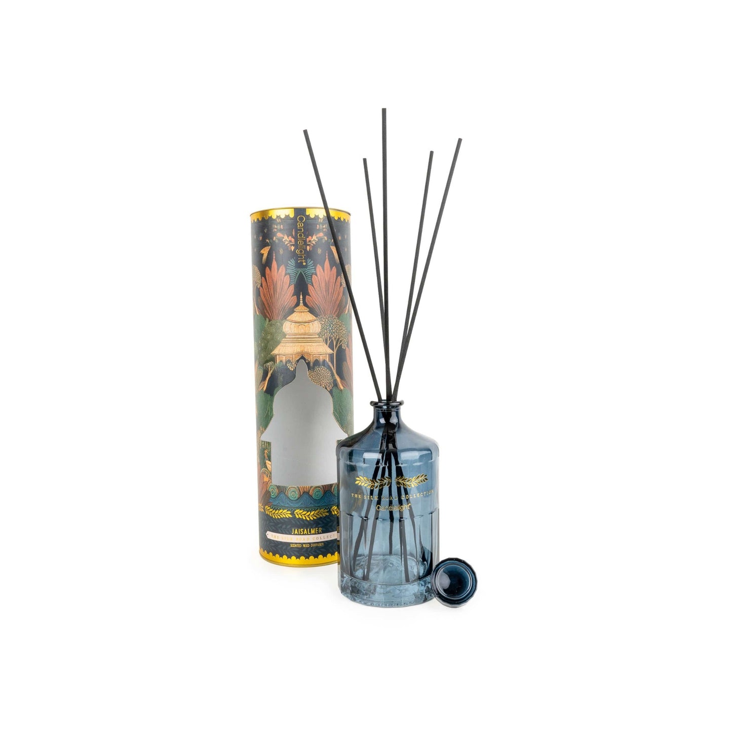 Reed diffuser set with decorative packaging on a white background
