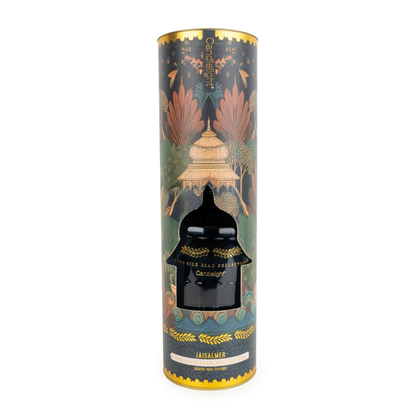 Decorative cylindrical packaging with a black bottle inside on a white background