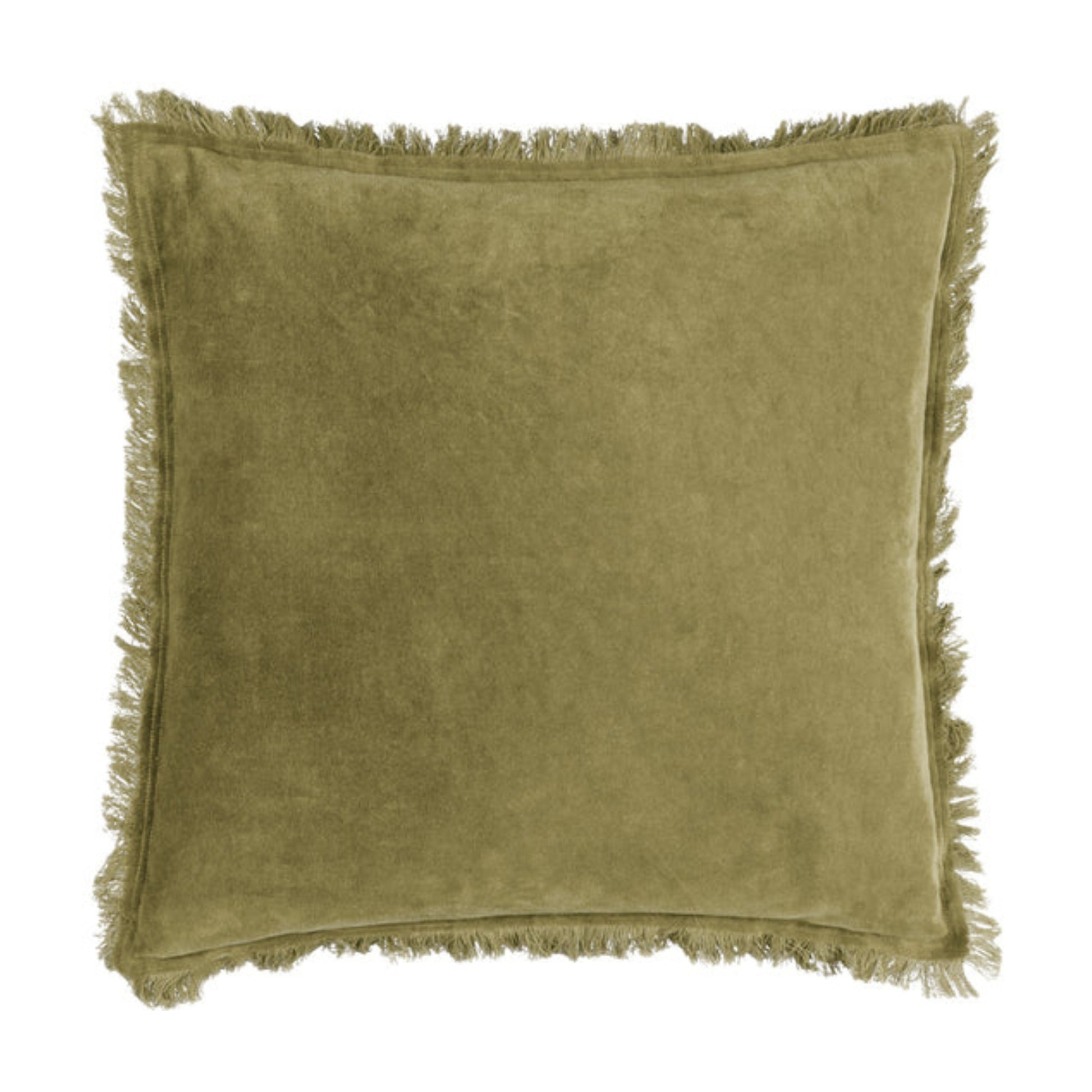 Green fringed square cushion on a white background