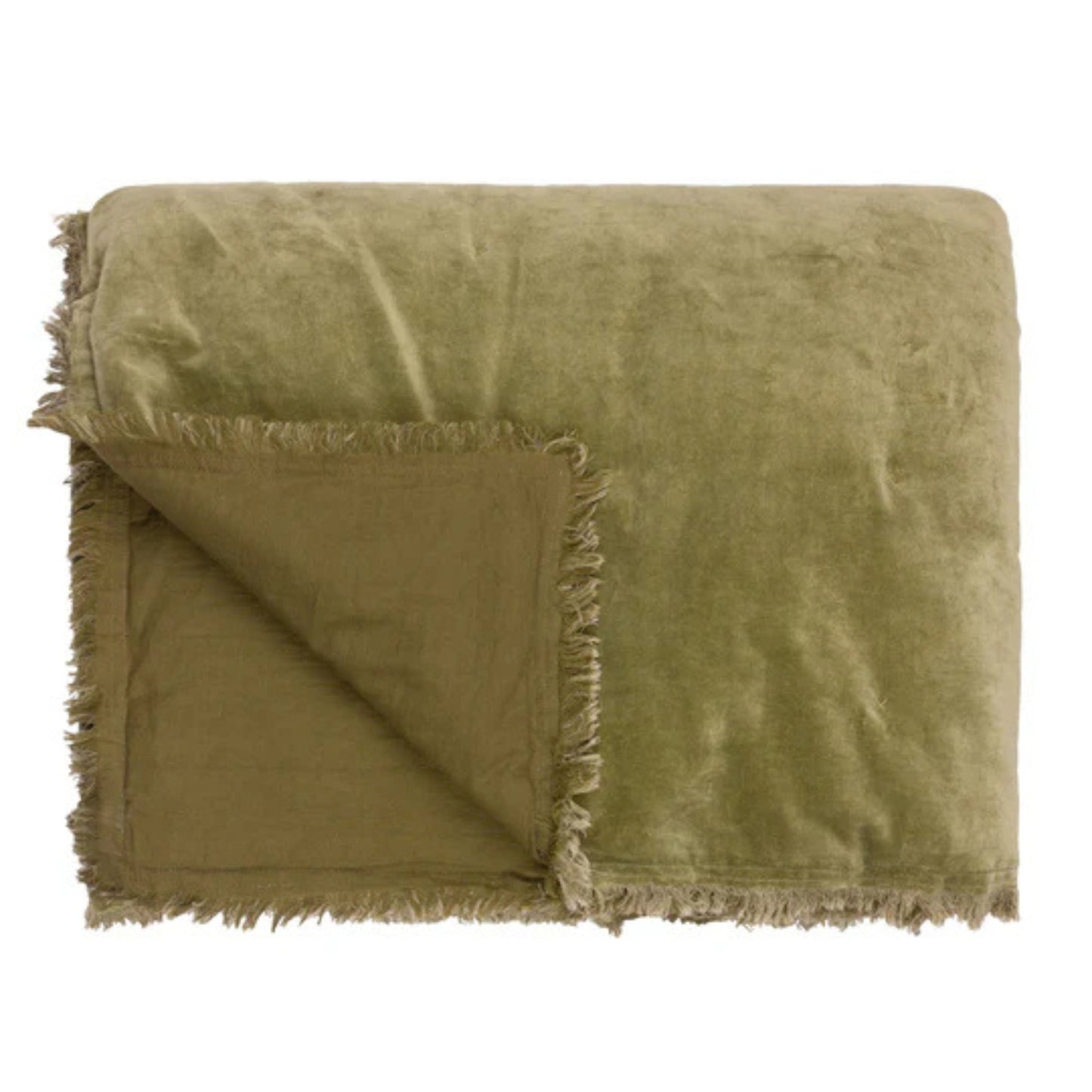 Green folded bedspread on a white background