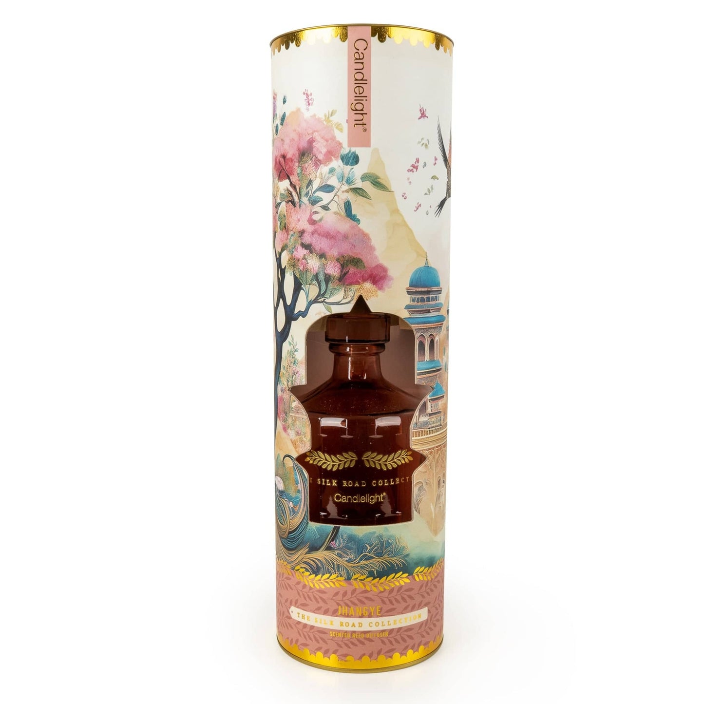 Decorative cylindrical packaging with floral and architectural design on a white background